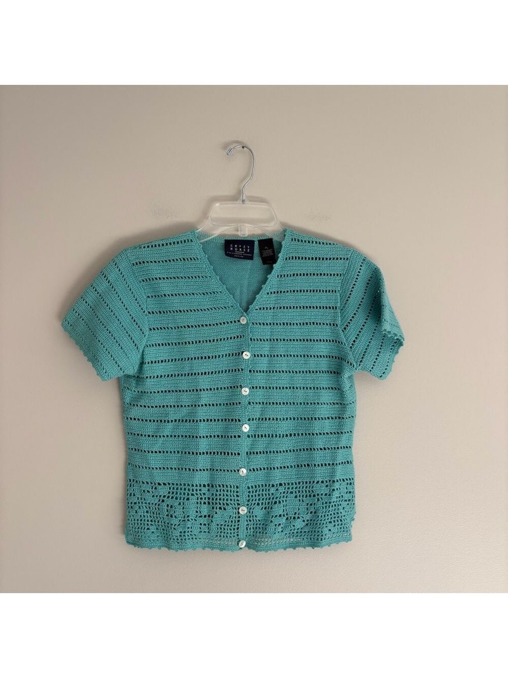 Vintage Y2K Crazy Horse a Liz Claiborne Company Aqua Cottagecore Knit Cardigan